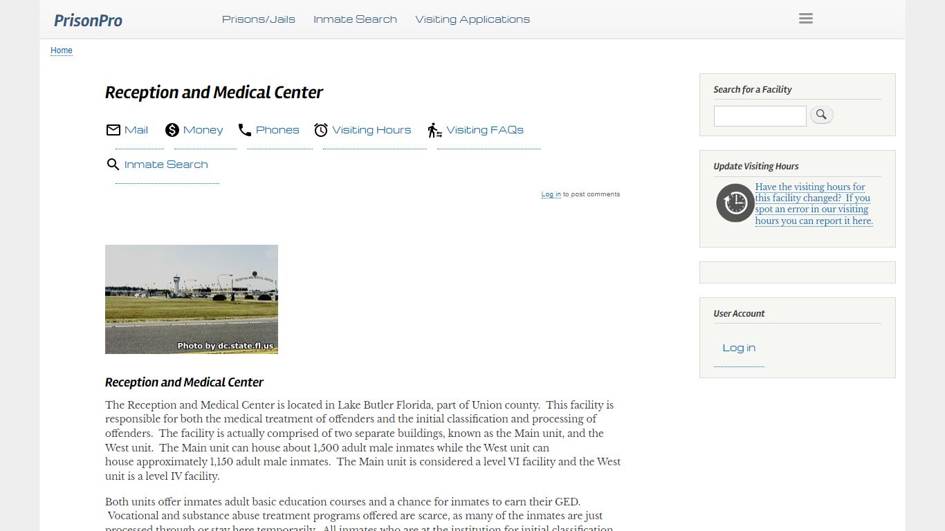 Reception and Medical Center Visiting hours, inmate phones, mail